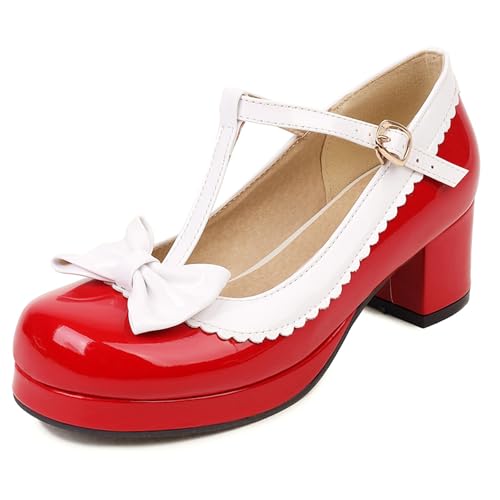 Gicoiz Lack Mary Jane Bogen Damen Mitte Blockabsatz Pumps Süß Komfort Runde Zehen Damen Sommer Schuluniform Lolita Party Plateau Schuhe Rot Gr 37 EU-38Cn von Gicoiz
