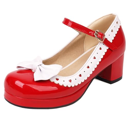 Gicoiz Lack Mary Jane Bogen Damen Mitte Blockabsatz Pumps Süß Komfort Runde Zehen Damen Sommer Schuluniform Lolita Party Plateau Schuhe Rot Gr 38 EU-39Cn von Gicoiz