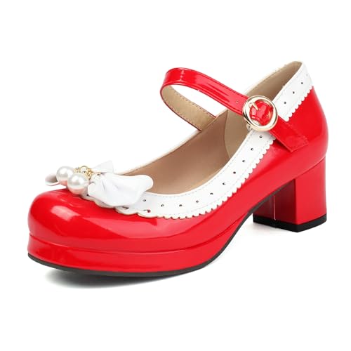 Gicoiz Lack Mary Jane Bogen Damen Mitte Blockabsatz Pumps Süß Komfort Runde Zehen Damen Sommer Schuluniform Lolita Party Plateau Schuhe Rot Gr 40 EU-41Cn von Gicoiz