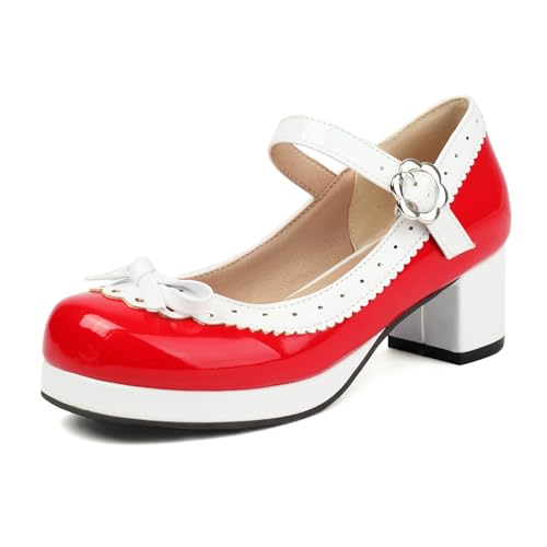Gicoiz Lack Mary Jane Bogen Damen Mitte Blockabsatz Pumps Süß Komfort Runde Zehen Damen Sommer Schuluniform Lolita Party Plateau Schuhe Rot Gr 41 EU-43Cn von Gicoiz