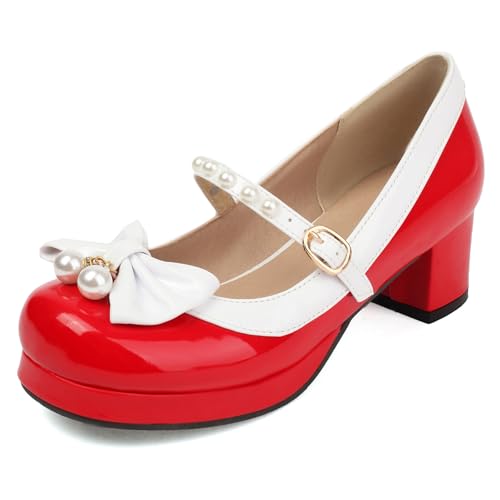 Gicoiz Lack Mary Jane Bogen Damen Mitte Blockabsatz Pumps Süß Komfort Runde Zehen Damen Sommer Schuluniform Lolita Party Plateau Schuhe Rot Gr 43 EU-45Cn von Gicoiz