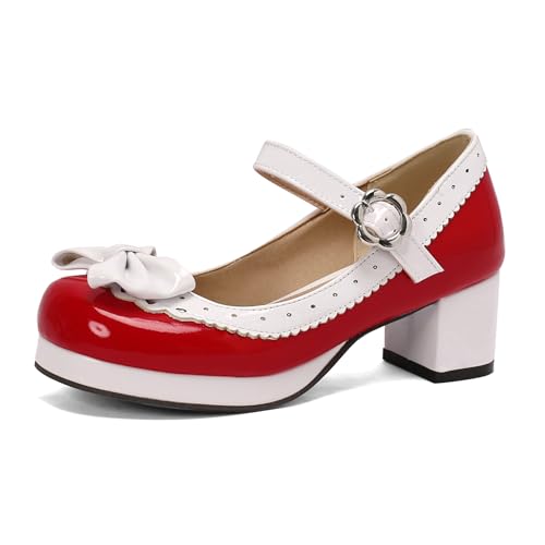 Gicoiz Lack Mary Jane Bogen Damen Mitte Blockabsatz Pumps Süß Komfort Runde Zehen Damen Sommer Schuluniform Lolita Party Plateau Schuhe Rot Gr 45 EU-47Cn von Gicoiz