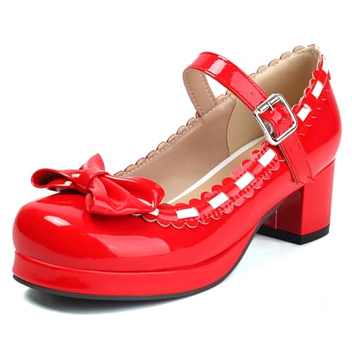 Gicoiz Lack Mary Jane Bogen Damen Mitte Blockabsatz Pumps Süß Komfort Runde Zehen Damen Sommer Schuluniform Lolita Party Plateau Schuhe Rot Gr 48 EU-50Cn von Gicoiz