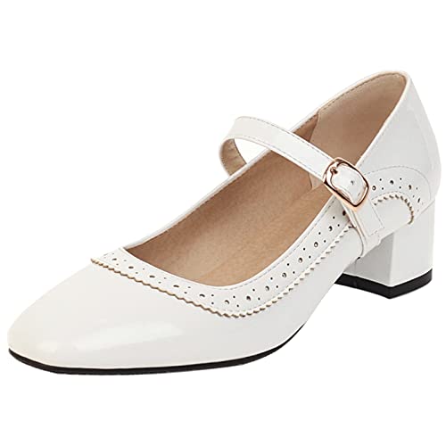 Gicoiz Lack Mary Jane Brogue Damen Blockabsatz Pump Knöchelriemchen Mode Square Toe Schnalle Abendschuhe Weit Fit Arbeit Weiß Gr 40 EU-41Cn von Gicoiz