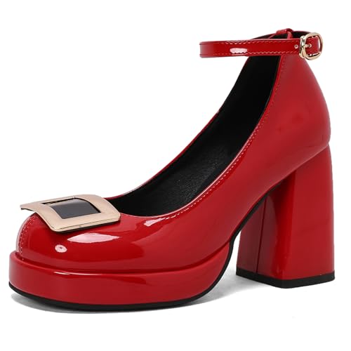 Gicoiz Lack Mary Jane Chunky Block High Schuhe Damen Runde Zehen Schuhe Knöchelriemchen Lovely Lolita Ruffles Plateau Pumps Stylish Rot Gr 7.5-42 von Gicoiz