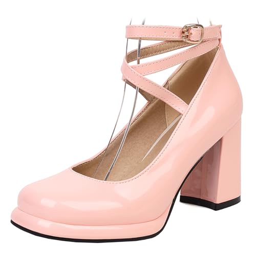 Gicoiz Lack Mary Jane Damen Schuluniform Party Hohen Blockabsatz Pumps Runde Zehen Bride Komfort Sommer Hochzeit Chunky Schuhe Plateau Pink Gr 36.5 EU-37Cn von Gicoiz