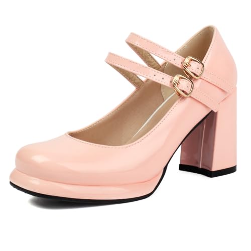 Gicoiz Lack Mary Jane Damen Schuluniform Party Hohen Blockabsatz Pumps Runde Zehen Bride Komfort Sommer Hochzeit Chunky Schuhe Plateau Pink Gr 40.5 EU-42Cn von Gicoiz