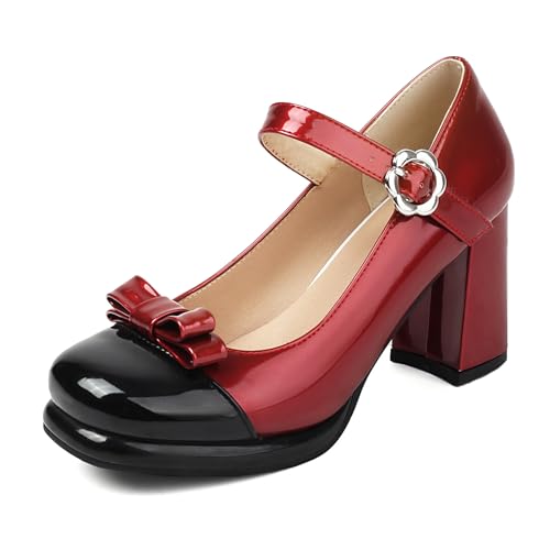 Gicoiz Lack Mary Jane Damen Schuluniform Party Hohen Blockabsatz Pumps Runde Zehen Bride Komfort Sommer Hochzeit Chunky Schuhe Plateau Rot Gr 34 EU von Gicoiz
