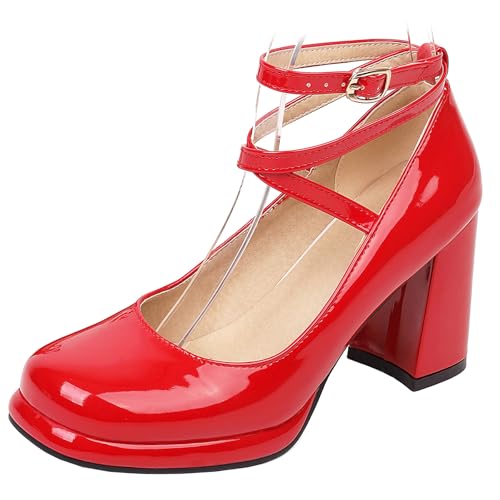 Gicoiz Lack Mary Jane Damen Schuluniform Party Hohen Blockabsatz Pumps Runde Zehen Bride Komfort Sommer Hochzeit Chunky Schuhe Plateau Rot Gr 35 EU von Gicoiz