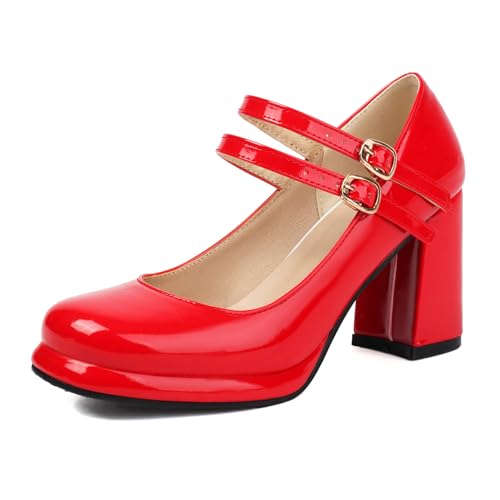 Gicoiz Lack Mary Jane Damen Schuluniform Party Hohen Blockabsatz Pumps Runde Zehen Bride Komfort Sommer Hochzeit Chunky Schuhe Plateau Rot Gr 37 EU-38Cn von Gicoiz