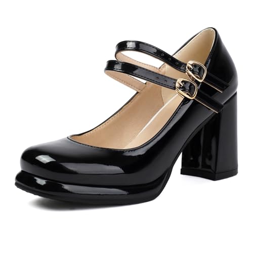 Gicoiz Lack Mary Jane Damen Schuluniform Party Hohen Blockabsatz Pumps Runde Zehen Bride Komfort Sommer Hochzeit Chunky Schuhe Plateau Schwarz Gr 39 EU-40Cn von Gicoiz