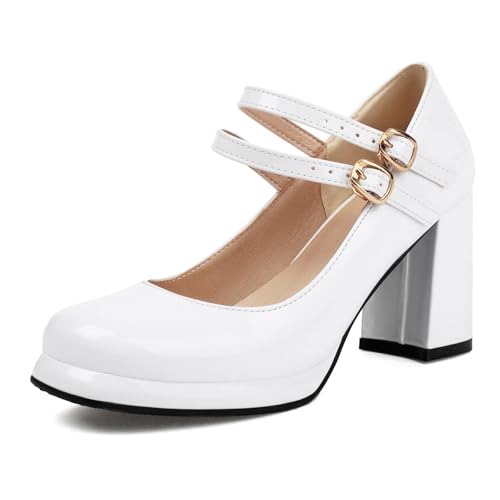 Gicoiz Lack Mary Jane Damen Schuluniform Party Hohen Blockabsatz Pumps Runde Zehen Bride Komfort Sommer Hochzeit Chunky Schuhe Plateau Weiß Gr 40.5 EU-42Cn von Gicoiz