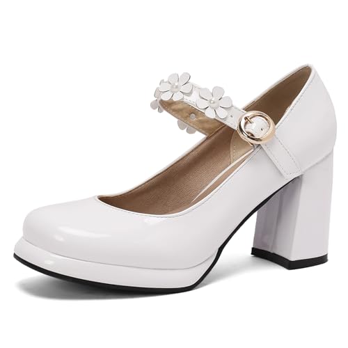 Gicoiz Lack Mary Jane Damen Schuluniform Party Hohen Blockabsatz Pumps Runde Zehen Bride Komfort Sommer Hochzeit Chunky Schuhe Plateau Weiß Gr 40.5 EU-42Cn von Gicoiz