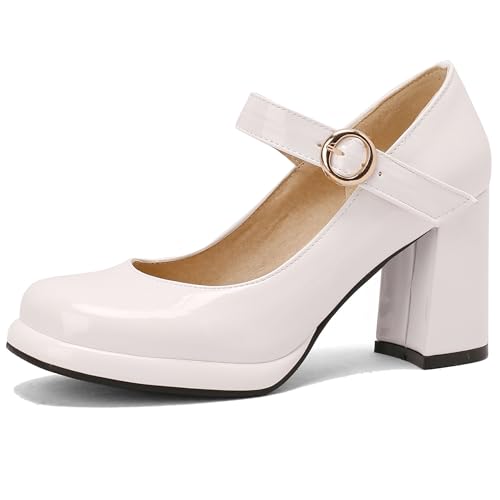 Gicoiz Lack Mary Jane Damen Schuluniform Party Hohen Blockabsatz Pumps Runde Zehen Bride Komfort Sommer Hochzeit Chunky Schuhe Plateau Weiß Gr 40.5 EU-42Cn von Gicoiz