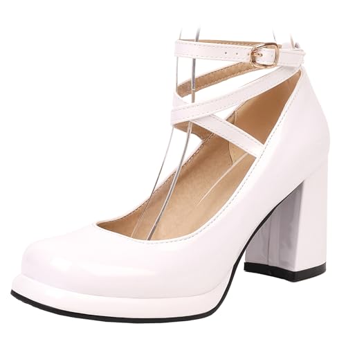 Gicoiz Lack Mary Jane Damen Schuluniform Party Hohen Blockabsatz Pumps Runde Zehen Bride Komfort Sommer Hochzeit Chunky Schuhe Plateau Weiß Gr 40.5 EU-42Cn von Gicoiz