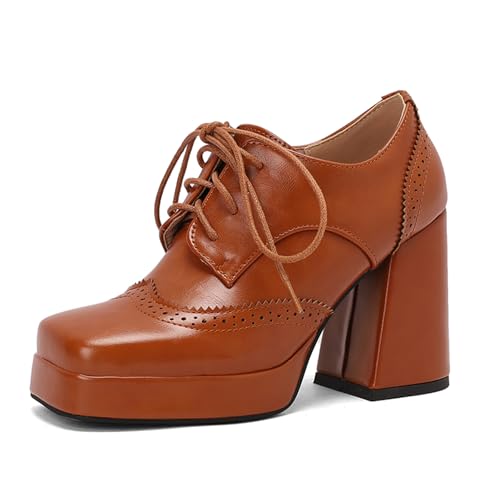 Gicoiz Lack Oxford Damen Buro Arbeit Schnüren Stylish Brogue Pumps Weit Fit Business Chunky High Schuhe Plateau Formal Schuhe Braun Gr 7-41 von Gicoiz