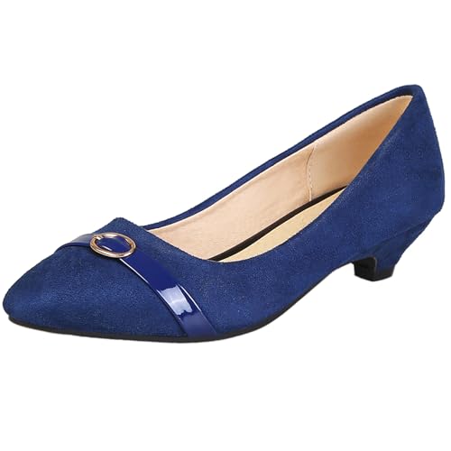 Gicoiz Low Kitten Schuhe Damen Pointed Toe Wildleder Pumps Ohne Verschluss Buro Arbeit Knöchelriemchen Formal Schuhe Bogen Blau Gr 39 EU-40Cn von Gicoiz