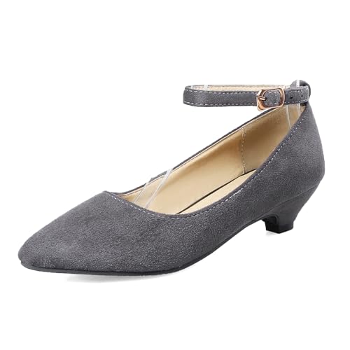 Gicoiz Low Kitten Schuhe Damen Pointed Toe Wildleder Pumps Ohne Verschluss Buro Arbeit Knöchelriemchen Formal Schuhe Bogen Grau Gr 33 EU von Gicoiz