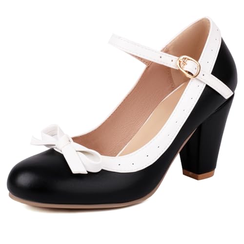 Gicoiz Mary Jane Bride Sommer Knöchelriemchen Hochzeit Schuhe Damen Block High Schuhe Party Runde Zehen Elegant Bogen Pumps Chunky Schwarz Gr 34 EU von Gicoiz