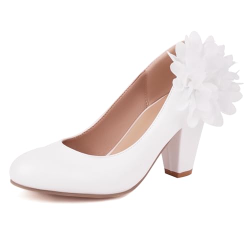 Gicoiz Mary Jane Bride Sommer Knöchelriemchen Hochzeit Schuhe Damen Block High Schuhe Party Runde Zehen Elegant Bogen Pumps Chunky Weiß Gr 34 EU von Gicoiz