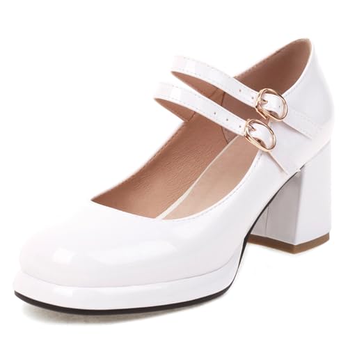 Gicoiz Mary Jane Damen Lack Block Schuhe Knöchelriemchen Pumps Bogen Komfort Plateau Runde Zehen Party Hochzeit High Schuhe Chunky Schuhe Weiß Gr 8-43 von Gicoiz