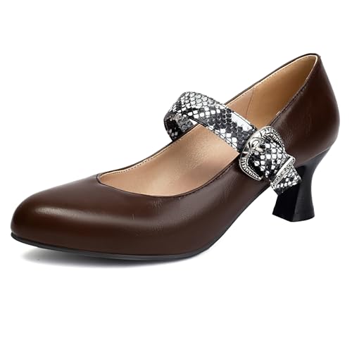 Gicoiz Mary Jane Damen mit Kätzchen Fersenpumps Komfort Pointed Toe Abend Knöchelriemchen Vintage Buro Arbeit Schuhe Block Braun Gr 38 EU-39Cn von Gicoiz