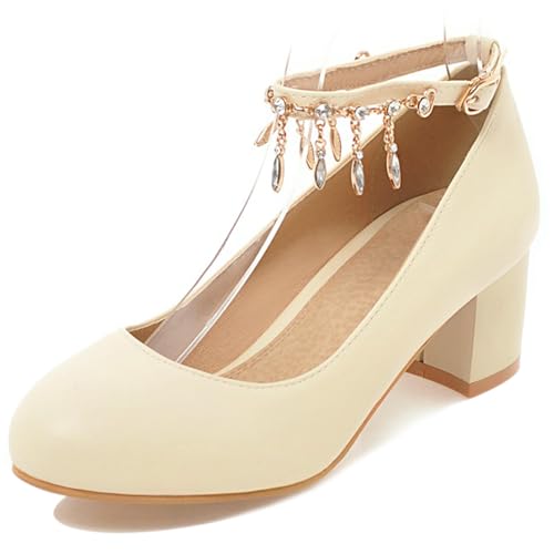 Gicoiz Mid Block Schuhe Damen Geschlossen Mary Jane Hochzeit Knöchelriemchen Simple Runde Zehen Abend Party Pumps Schuhe Bogentie Beige Gr 34 EU von Gicoiz