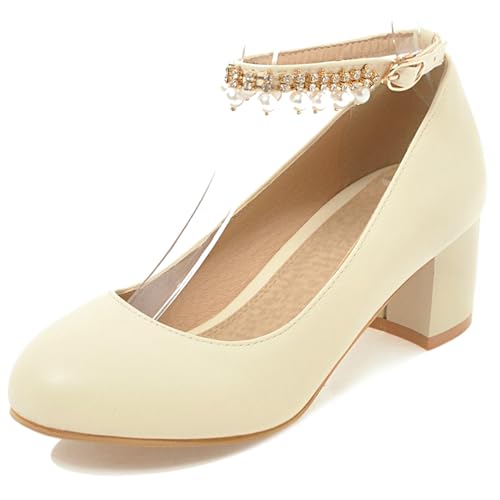 Gicoiz Mid Block Schuhe Damen Geschlossen Mary Jane Hochzeit Knöchelriemchen Simple Runde Zehen Abend Party Pumps Schuhe Bogentie Beige Gr 38 EU-39Cn von Gicoiz
