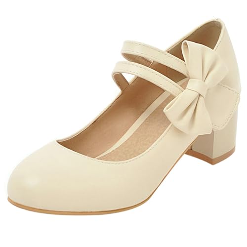 Gicoiz Mid Block Schuhe Damen Geschlossen Mary Jane Hochzeit Knöchelriemchen Simple Runde Zehen Abend Party Pumps Schuhe Bogentie Beige Gr 42 EU-44Cn von Gicoiz