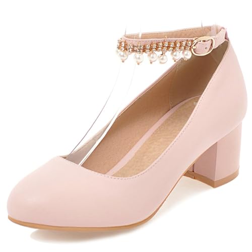 Gicoiz Mid Block Schuhe Damen Geschlossen Mary Jane Hochzeit Knöchelriemchen Simple Runde Zehen Abend Party Pumps Schuhe Bogentie Pink Gr 32 EU von Gicoiz