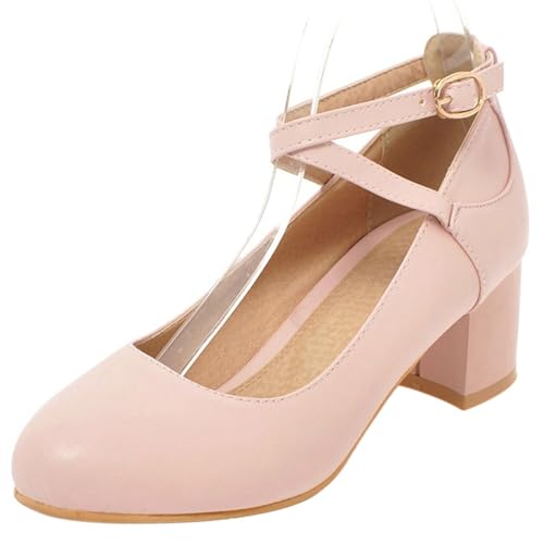 Gicoiz Mid Block Schuhe Damen Geschlossen Mary Jane Hochzeit Knöchelriemchen Simple Runde Zehen Abend Party Pumps Schuhe Bogentie Pink Gr 32 EU von Gicoiz