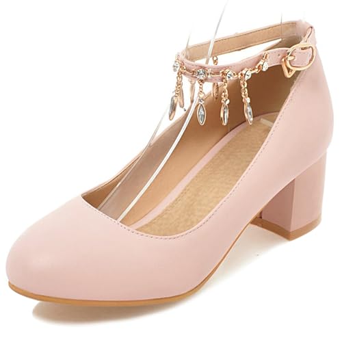 Gicoiz Mid Block Schuhe Damen Geschlossen Mary Jane Hochzeit Knöchelriemchen Simple Runde Zehen Abend Party Pumps Schuhe Bogentie Pink Gr 41 EU-43Cn von Gicoiz
