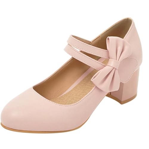 Gicoiz Mid Block Schuhe Damen Geschlossen Mary Jane Hochzeit Knöchelriemchen Simple Runde Zehen Abend Party Pumps Schuhe Bogentie Pink Gr 42 EU-44Cn von Gicoiz