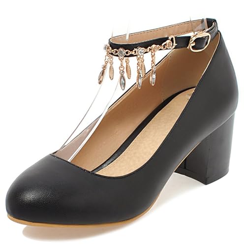Gicoiz Mid Block Schuhe Damen Geschlossen Mary Jane Hochzeit Knöchelriemchen Simple Runde Zehen Abend Party Pumps Schuhe Bogentie Schwarz Gr 37 EU-38Cn von Gicoiz