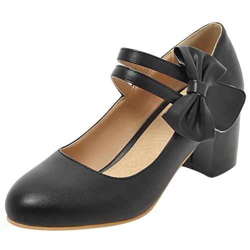 Gicoiz Mid Block Schuhe Damen Geschlossen Mary Jane Hochzeit Knöchelriemchen Simple Runde Zehen Abend Party Pumps Schuhe Bogentie Schwarz Gr 40 EU-41Cn von Gicoiz