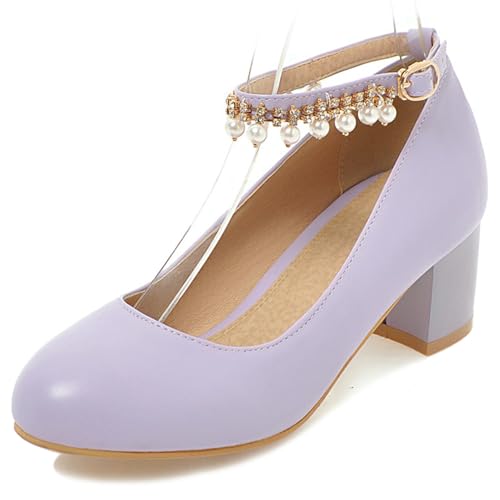Gicoiz Mid Block Schuhe Damen Geschlossen Mary Jane Hochzeit Knöchelriemchen Simple Runde Zehen Abend Party Pumps Schuhe Bogentie Violett Gr 31 EU von Gicoiz