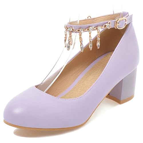 Gicoiz Mid Block Schuhe Damen Geschlossen Mary Jane Hochzeit Knöchelriemchen Simple Runde Zehen Abend Party Pumps Schuhe Bogentie Violett Gr 39 EU-40Cn von Gicoiz