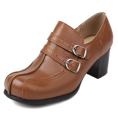 Gicoiz Mitte Blockabsatz Loafer Damen Runde Zehen Arbeit Schuhe Ohne Verschluss Komfort Buro Formal Pumps Chunky Geschlossen Braun Gr 35 EU von Gicoiz