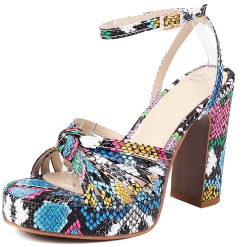 Gicoiz Mode Block Sandalen Damen Plateau Sandals Offene Zeh Knöchelriemchen Sommer Wildleder Chunky Höhe Ferse Schnalle Snakeskin Blau Gr 35 EU von Gicoiz