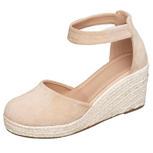 Gicoiz Mode Espadrille Geschlossen Damen Plateau Sandals Sommer Komfort Knöchelriemchen Runde Zehen Keilabsatz Schnüren Strappy Aprikose Gr 35 EU von Gicoiz