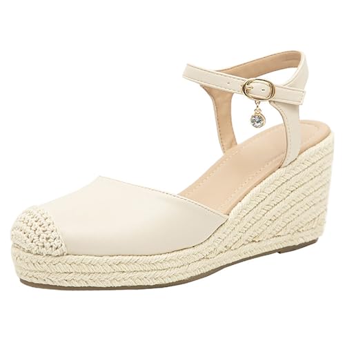 Gicoiz Mode Espadrille Geschlossen Damen Plateau Sandals Sommer Komfort Knöchelriemchen Runde Zehen Keilabsatz Schnüren Strappy Aprikose Gr 40.5 EU-42Cn von Gicoiz