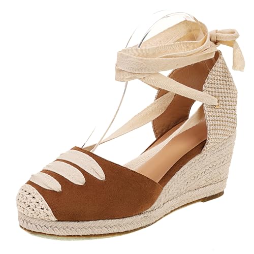 Gicoiz Mode Espadrille Geschlossen Damen Plateau Sandals Sommer Komfort Knöchelriemchen Runde Zehen Keilabsatz Schnüren Strappy Camel Gr 32 EU von Gicoiz