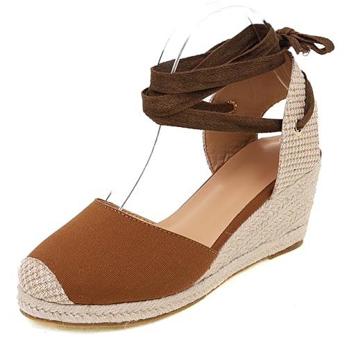 Gicoiz Mode Espadrille Geschlossen Damen Plateau Sandals Sommer Komfort Knöchelriemchen Runde Zehen Keilabsatz Schnüren Strappy Camel Gr 36 EU von Gicoiz