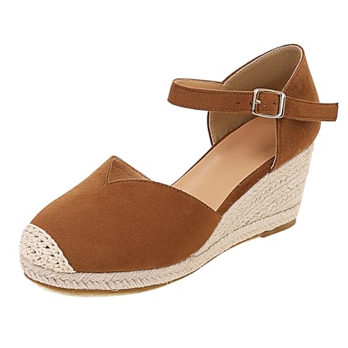 Gicoiz Mode Espadrille Geschlossen Damen Plateau Sandals Sommer Komfort Knöchelriemchen Runde Zehen Keilabsatz Schnüren Strappy Camel Gr 36.5 EU-37Cn von Gicoiz