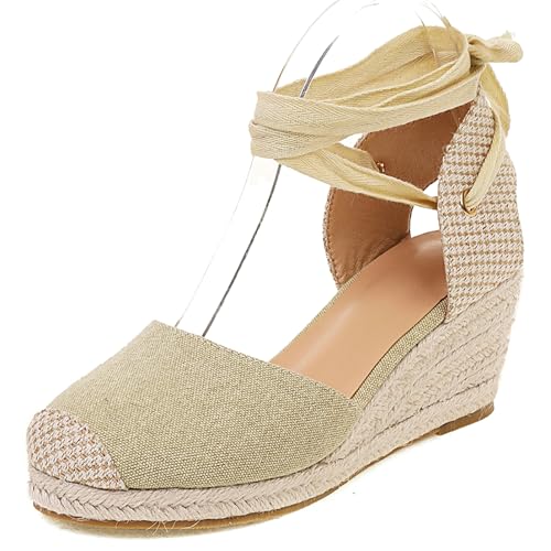 Gicoiz Mode Espadrille Geschlossen Damen Plateau Sandals Sommer Komfort Knöchelriemchen Runde Zehen Keilabsatz Schnüren Strappy Grün Gr 35 EU von Gicoiz