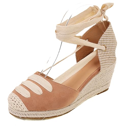 Gicoiz Mode Espadrille Geschlossen Damen Plateau Sandals Sommer Komfort Knöchelriemchen Runde Zehen Keilabsatz Schnüren Strappy Pink Gr 32 EU von Gicoiz