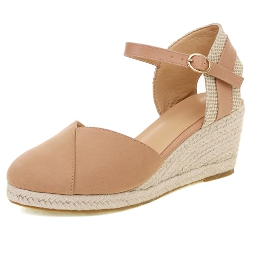 Gicoiz Mode Espadrille Geschlossen Damen Plateau Sandals Sommer Komfort Knöchelriemchen Runde Zehen Keilabsatz Schnüren Strappy Pink Gr 40.5 EU-42Cn von Gicoiz