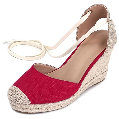 Gicoiz Mode Espadrille Geschlossen Damen Plateau Sandals Sommer Komfort Knöchelriemchen Runde Zehen Keilabsatz Schnüren Strappy Rot Gr 36 EU von Gicoiz