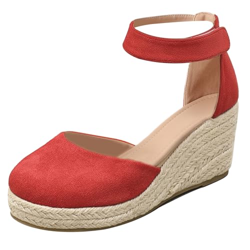 Gicoiz Mode Espadrille Geschlossen Damen Plateau Sandals Sommer Komfort Knöchelriemchen Runde Zehen Keilabsatz Schnüren Strappy Rot Gr 39 EU-40Cn von Gicoiz