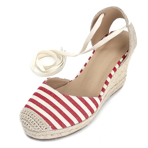 Gicoiz Mode Espadrille Geschlossen Damen Plateau Sandals Sommer Komfort Knöchelriemchen Runde Zehen Keilabsatz Schnüren Strappy Rot-Weiß Gr 36.5 EU-37Cn von Gicoiz